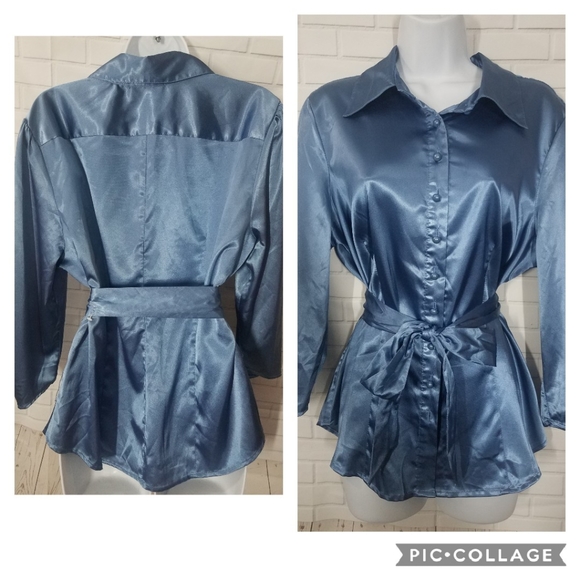 Jaclyn Smith Blue Satin Button Down Blouse - Picture 1 of 12
